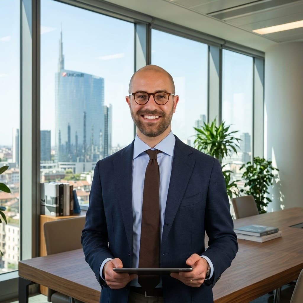 Nicola Franchetto, avvocato e fondatore di Franchetto Legal, in un ufficio con lo skyline di Milano sullo sfondo